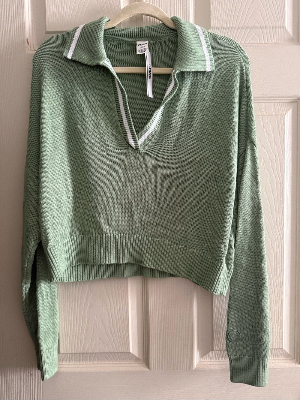 PINK Victoria's Secret Mint Green Collared V-Neck Knit Sweater